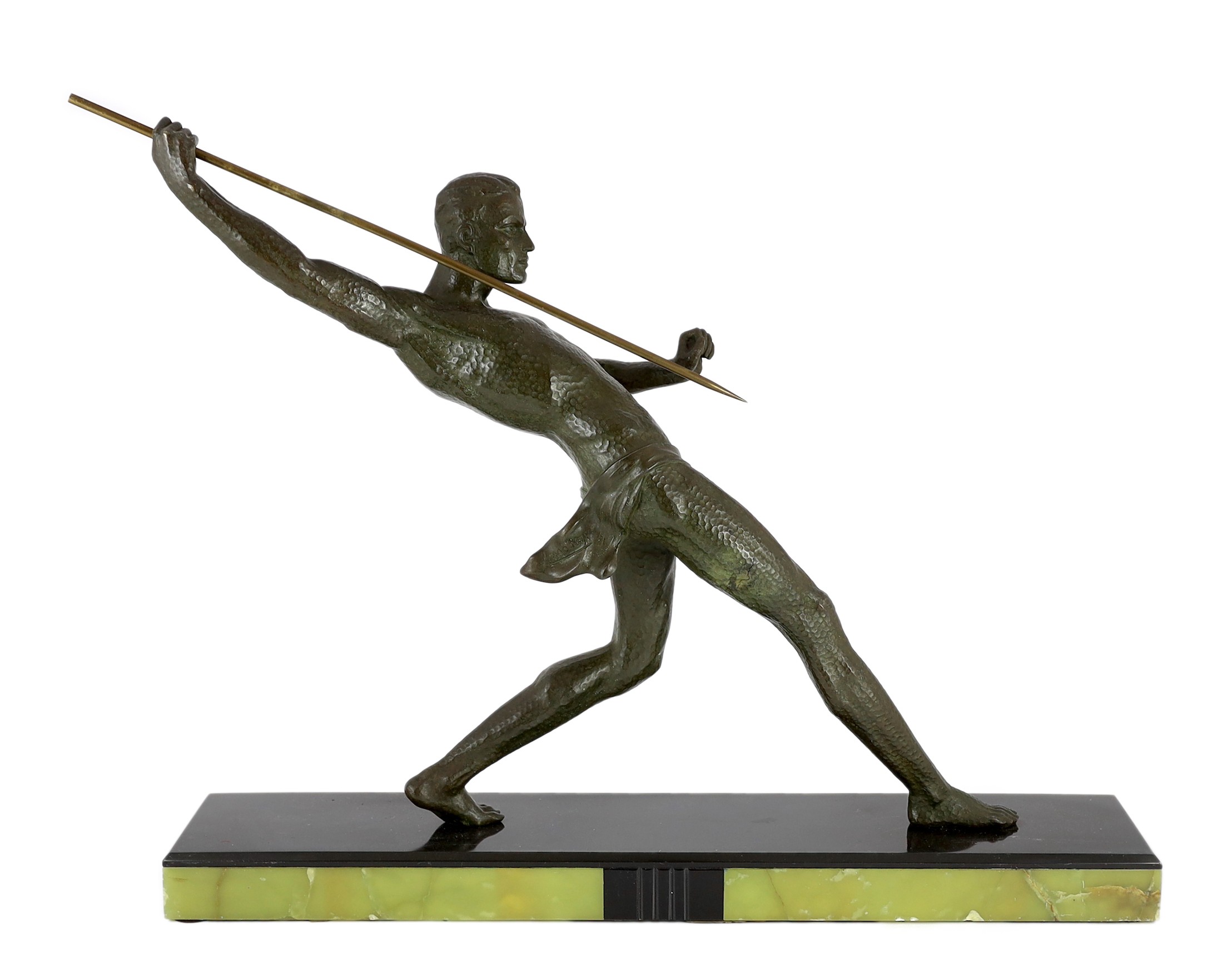 Limousin. A French Art Deco patinated spelter figure of a javelin thrower, 65cm wide, 55cm high